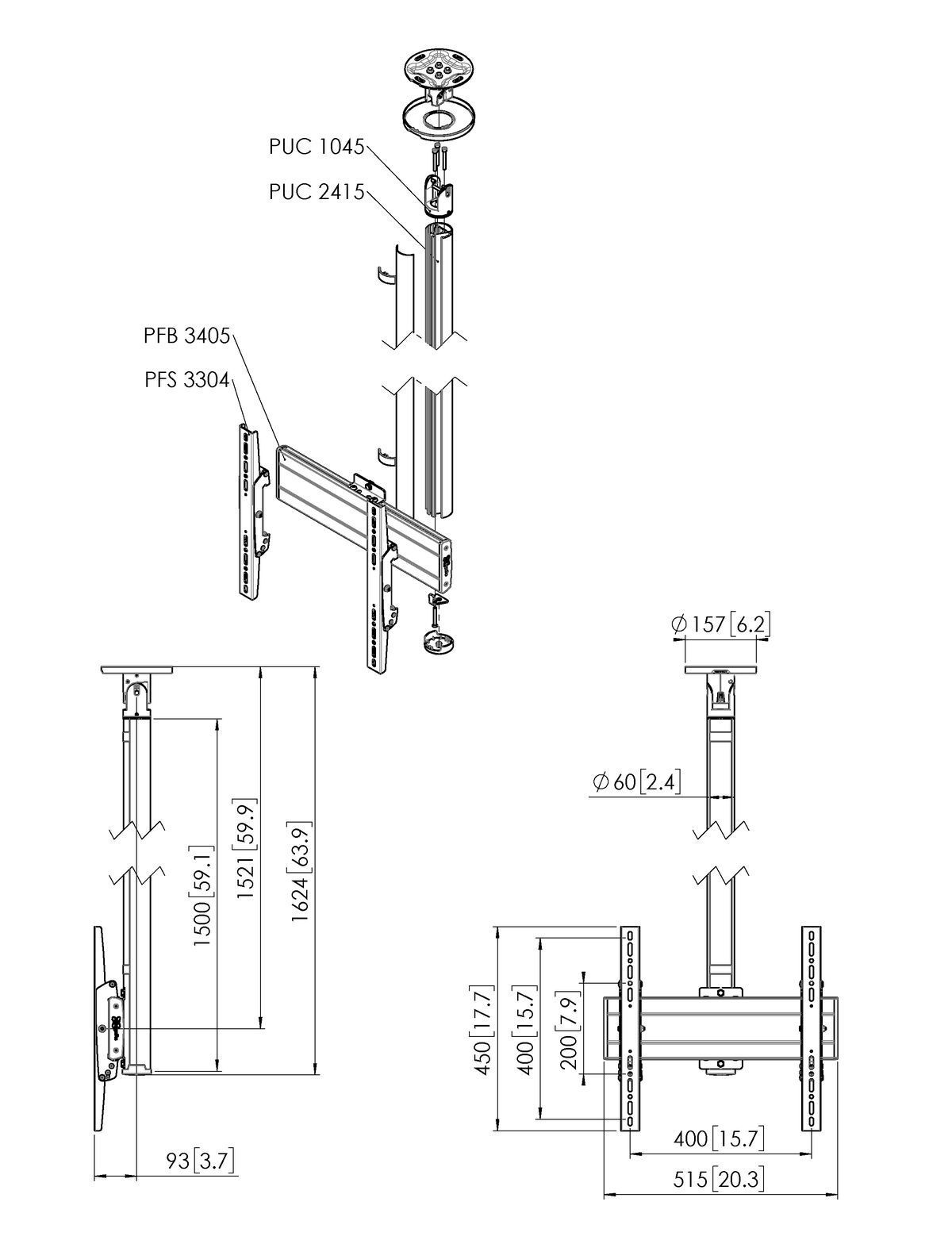 Vogel's Pro Deckenhalter Bundle - Display, <65, 150cm, 40kg, silber