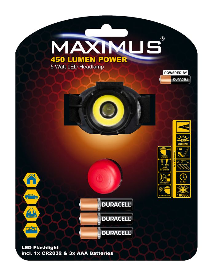 MAXIMUS LED Headlamp M-HDL-004-DU - 5W+3W 450lm 3xAAA Powered by Duracell