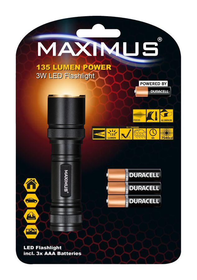 MAXIMUS LED Flashlight M-FL-018-DU - 3W 135lm 3xAAA Powered by Duracell