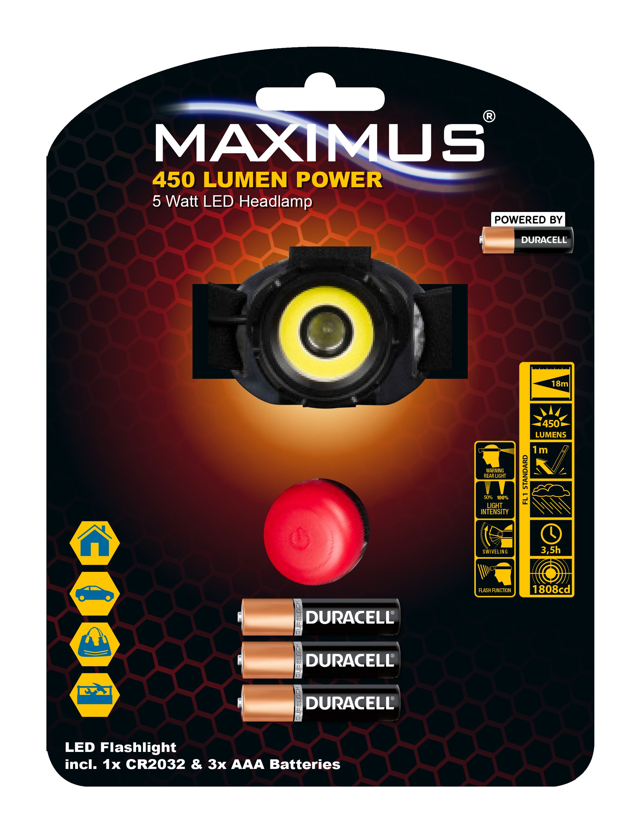 MAXIMUS LED Headlamp M-HDL-004-DU - 5W+3W 450lm 3xAAA Powered by Duracell