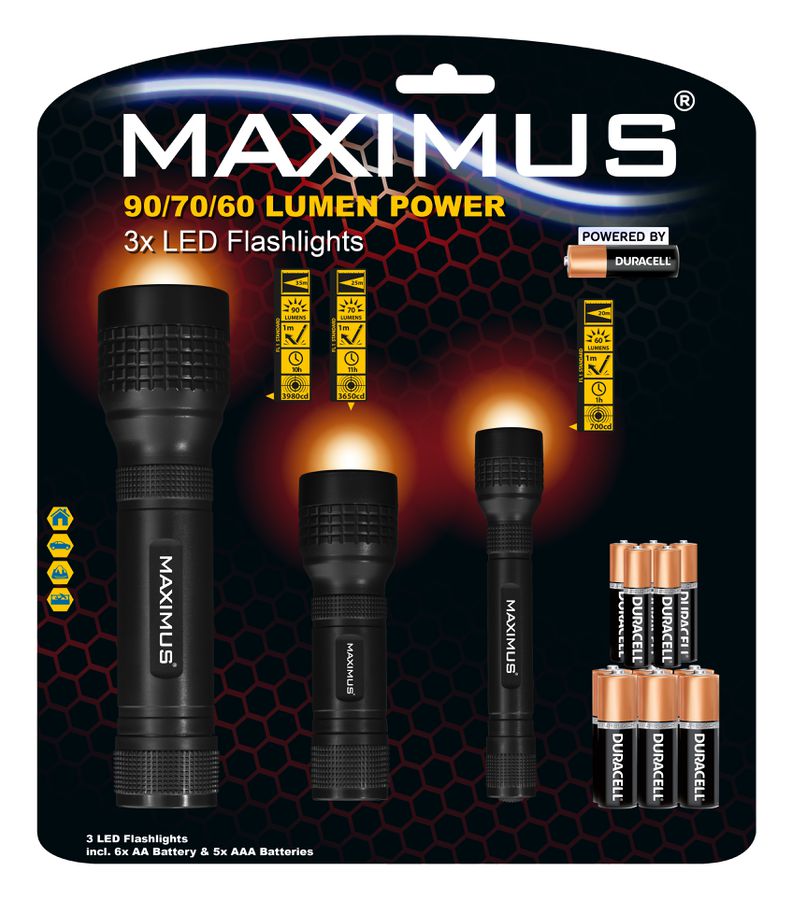 MAXIMUS LED Flashlight M-FL-022-Du 3Pack - 3W 3W 1W 6xAA/5xAAA Power by Duracell