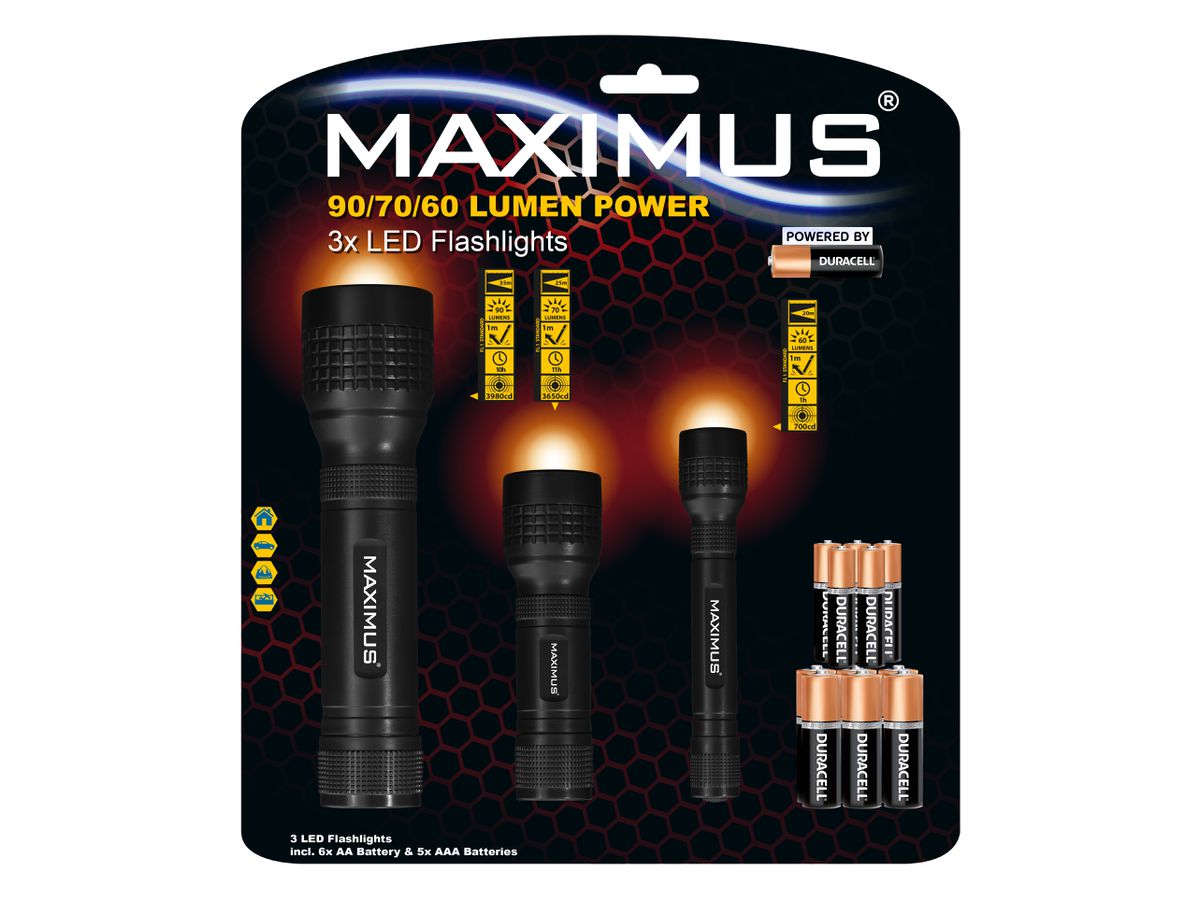MAXIMUS LED Flashlight M-FL-022-Du 3Pack - 3W 3W 1W 6xAA/5xAAA Power by Duracell