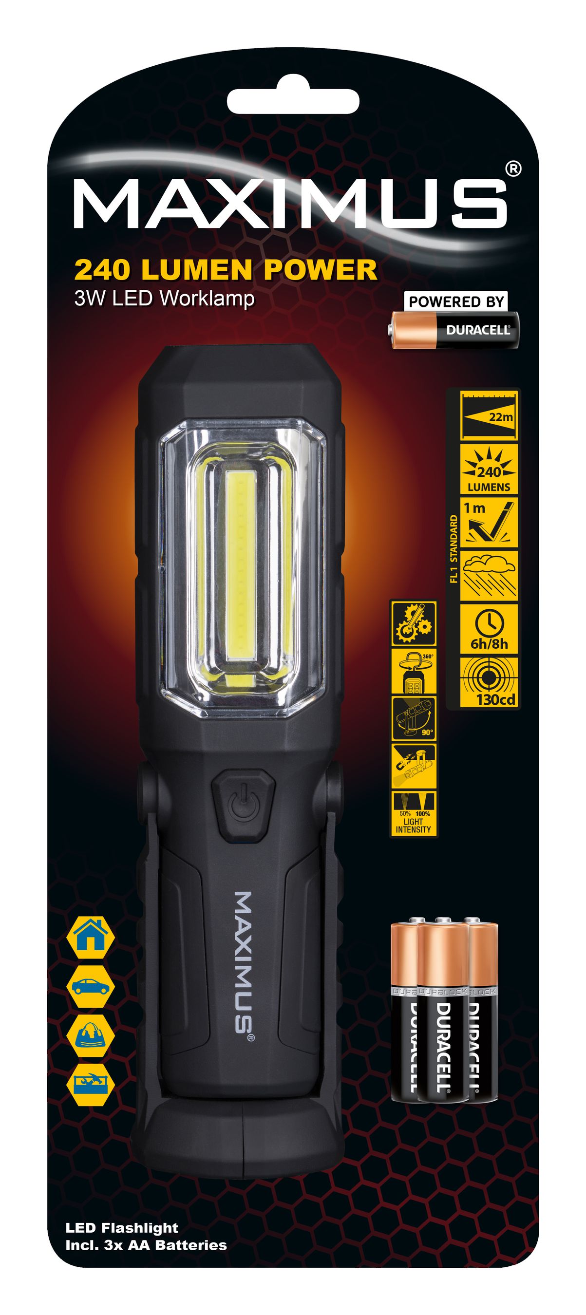 MAXIMUS LED Worklamp M-WKL-012-DU - 3W+1W 240+60lm 3xAA Powered by Duracell