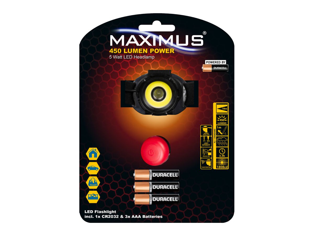 MAXIMUS LED Headlamp M-HDL-004-DU - 5W+3W 450lm 3xAAA Powered by Duracell