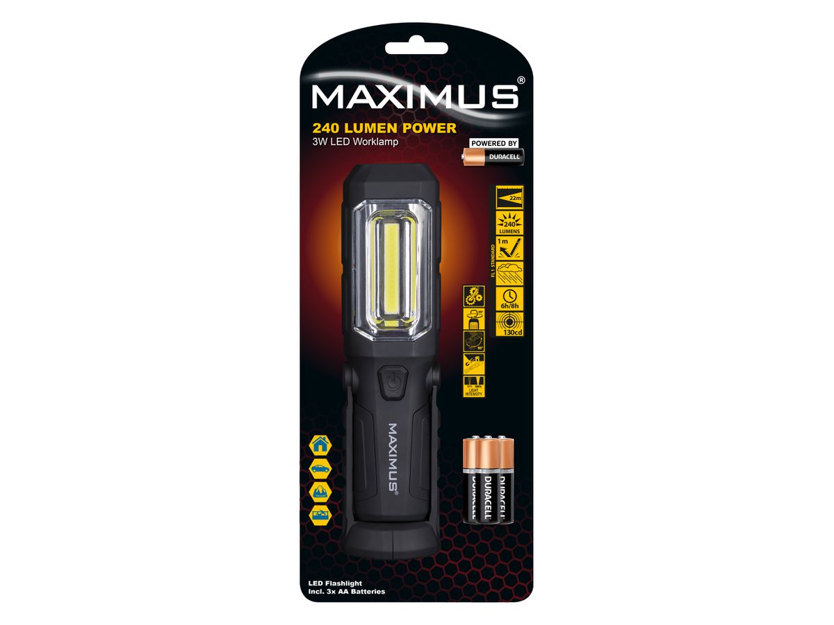 MAXIMUS LED Worklamp M-WKL-012-DU - 3W+1W 240+60lm 3xAA Powered by Duracell